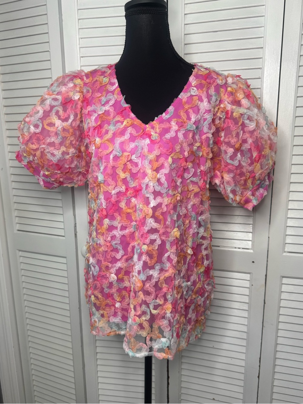 Jodifl 3 D Floral Mesh Texture split V Neck Puffy Sleeves Bohemian blouse Small